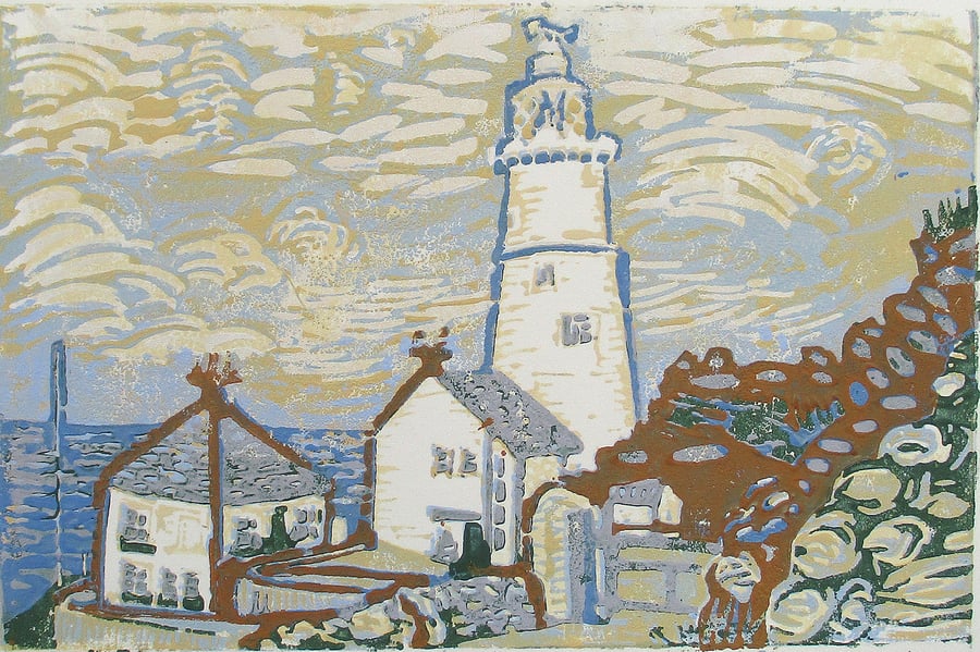 Start Point Lighthouse, Devon - Original Linocut Print Hand Pressed Ltd Edition