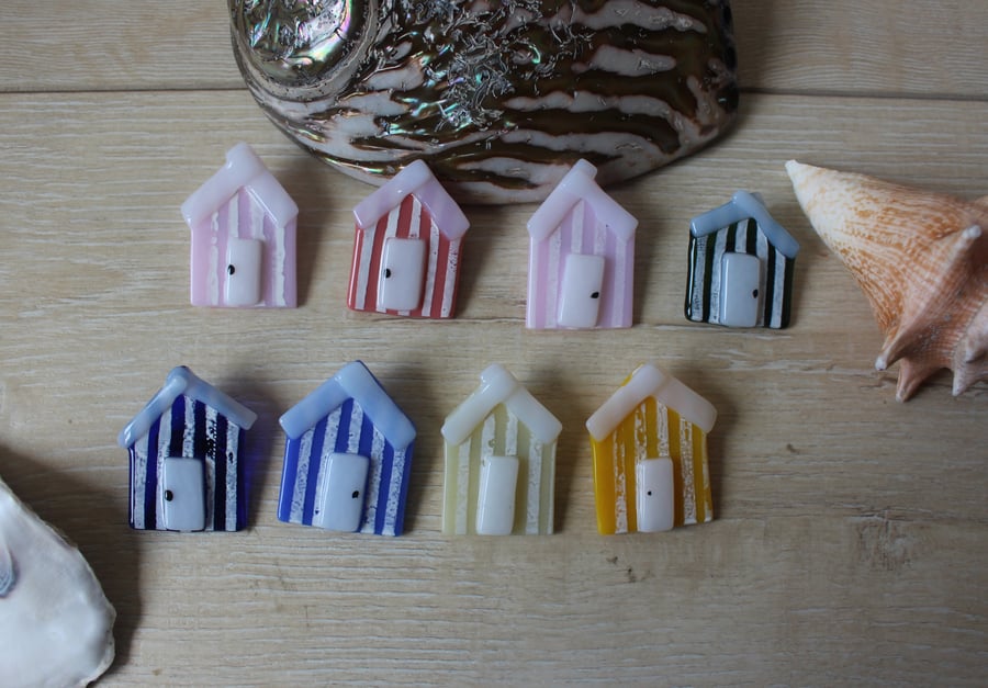 Beach Hut Brooch, unique beach huts in fused glass