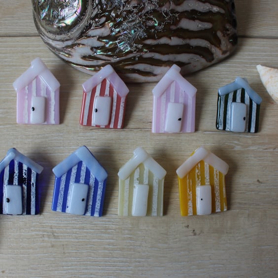 Beach Hut Brooch, unique beach huts in fused glass