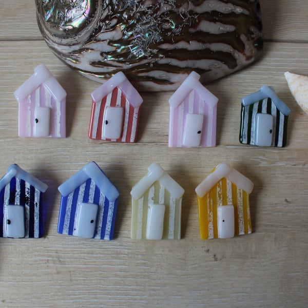 Beach Hut Brooch, unique beach huts in fused glass