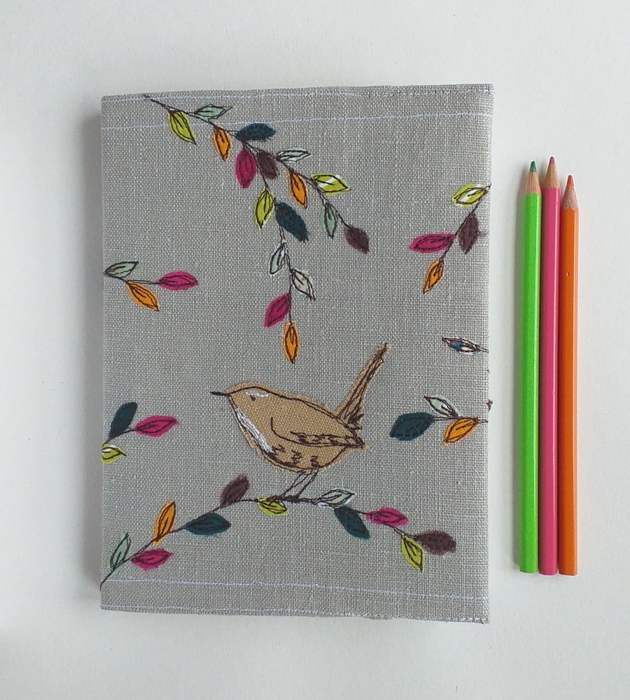 A5 Hardback Notebook with Embroidered Wren on a Removable Cover