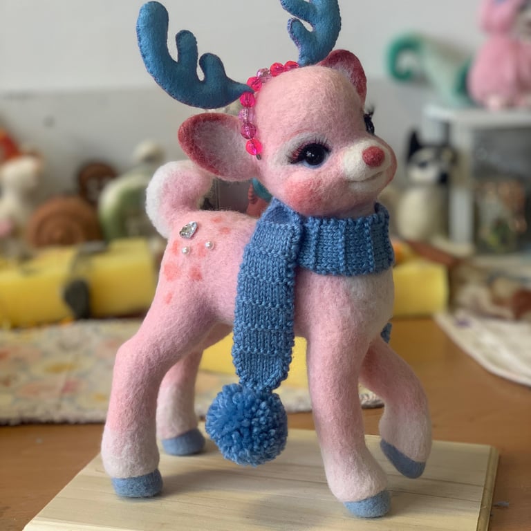 Pink Dior (Deer) - Needle Felted Vintage Style Deer Sculpture