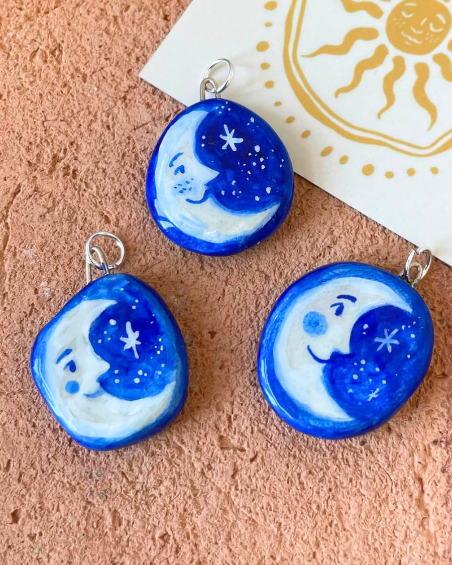Handpainted Air Dry Clay Moon Pendant Charm