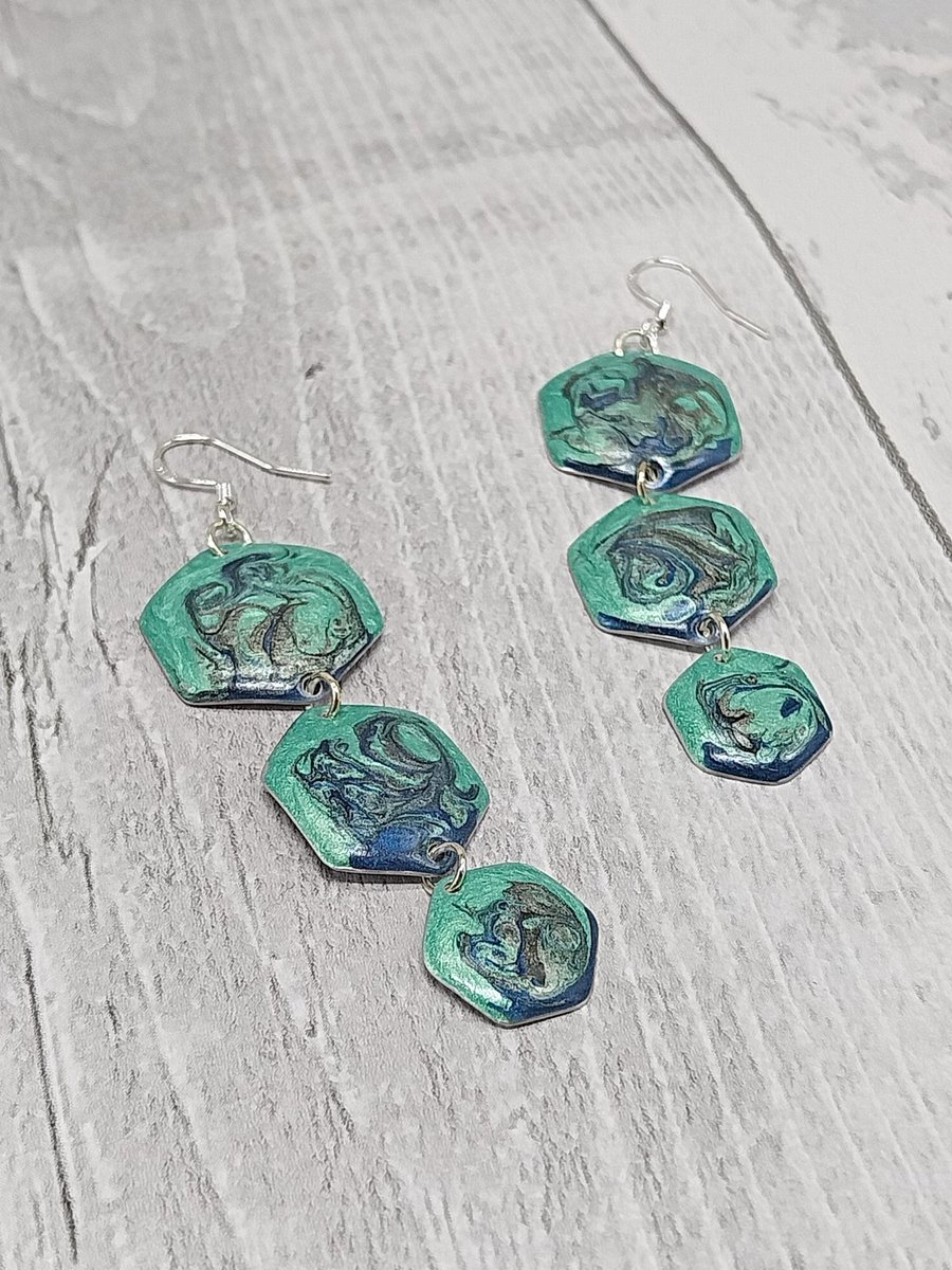 Lightweight Aluminium Tin 3-Tiered Hexagon Dangle Earrings, Green & Blue Tones