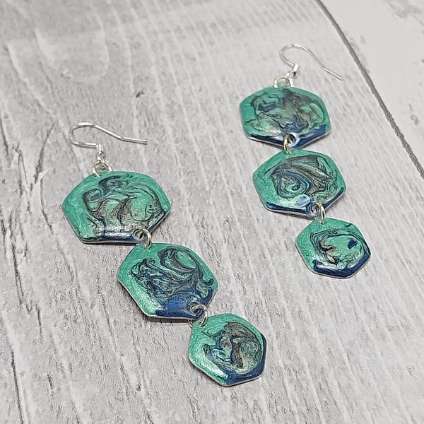 Lightweight Aluminium Tin 3-Tiered Hexagon Dangle Earrings, Green & Blue Tones