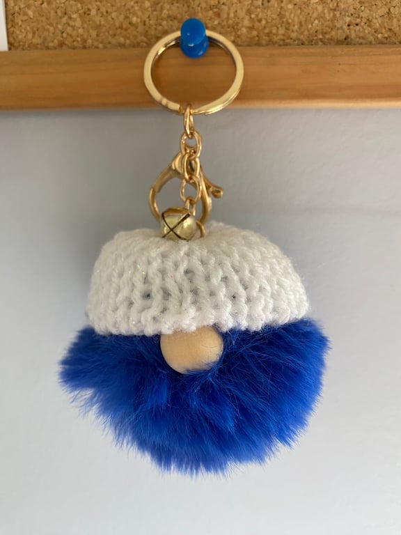 Blue Faux Fur Pom-Pom Gonk Keyring with White Hand Knitted Hat
