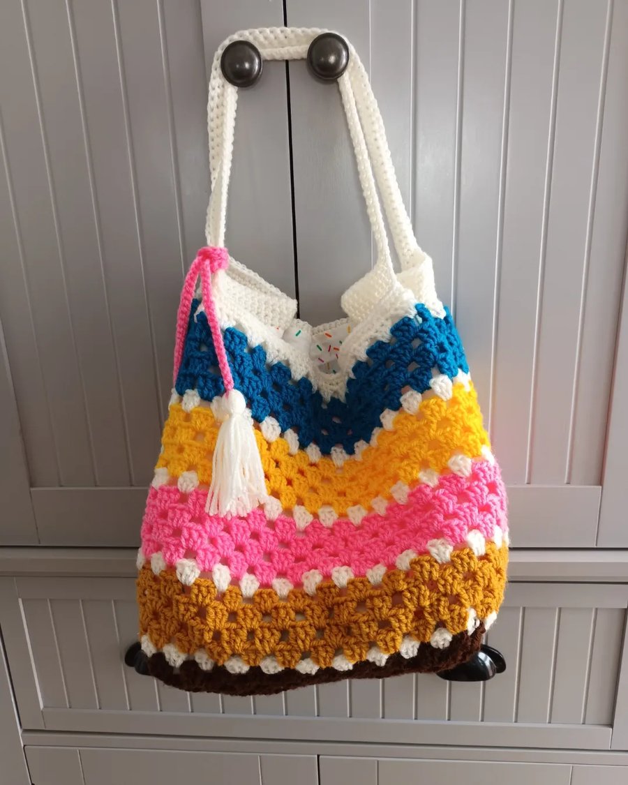 Crochet and fabric combination tote bag, shopping bag, tote bag, student bag