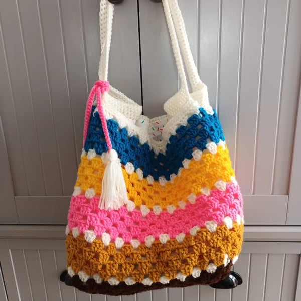 Crochet and fabric combination tote bag, shopping bag, tote bag, student bag