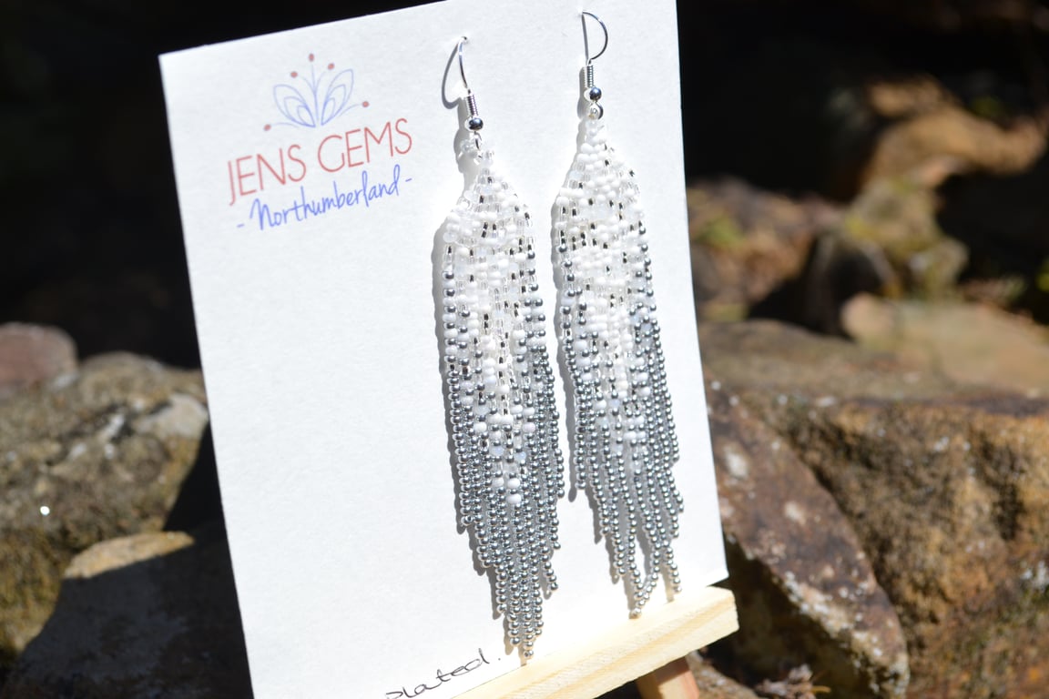 White & Silver Beadwork Tassel Earrings