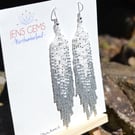 White & Silver Beadwork Tassel Earrings