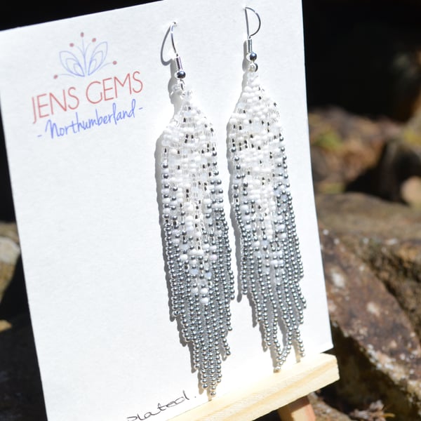 White & Silver Beadwork Tassel Earrings