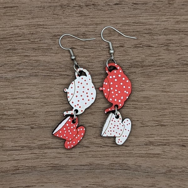 Red Eco Earrings - Hypoallergenic Stainless Steel - Teapot and Tea Cup