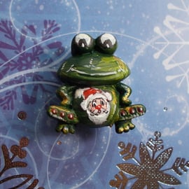 FATHER CHRISTMAS FROG BROOCH Festive Fun Santa Lapel Pin HANDMADE HAND PAINTED