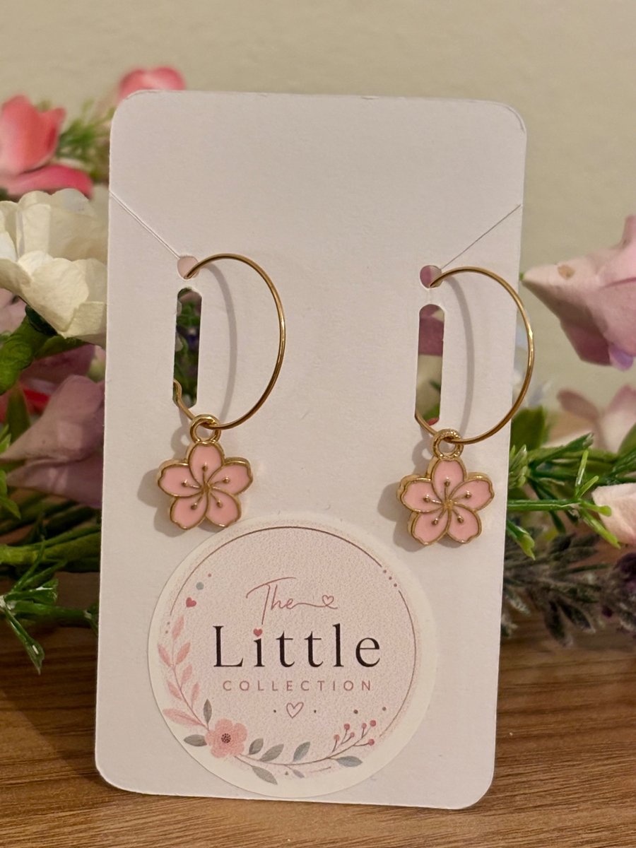 Pink Cherry Blossom Hoop Earrings, Enamel Floral Charms, Handmade Jewellery