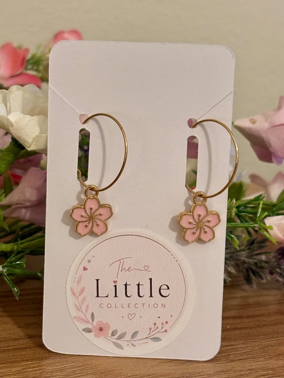 Pink Cherry Blossom Hoop Earrings, Enamel Floral Charms, Handmade Jewellery