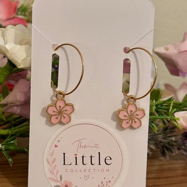 Pink Cherry Blossom Hoop Earrings, Enamel Floral Charms, Handmade Jewellery