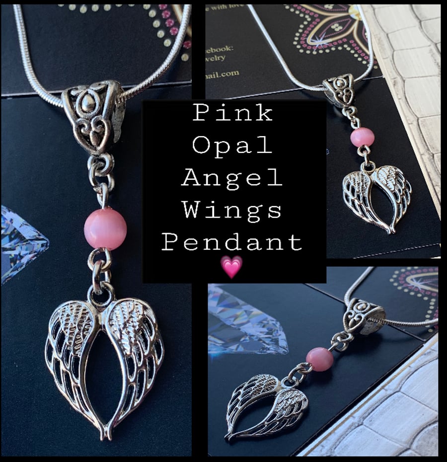 Heart Angel Wings Gemstone Pendant Pink Opal 925 Chain 
