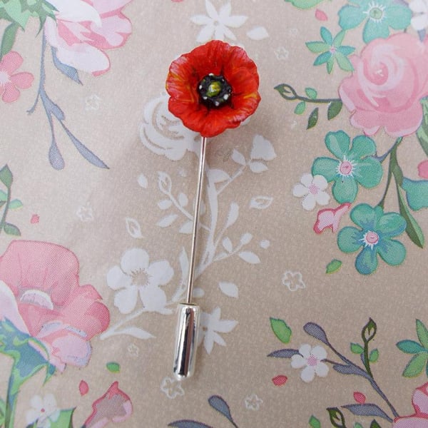 TINY RED POPPY PIN Red Wedding Corsage Poppy Lapel Flower Brooch HAND PAINTED