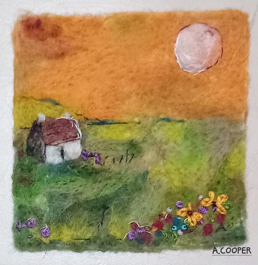 ,WOLF MOON ON HILL TOP FARM, handmade, original, needle felted wool picture 