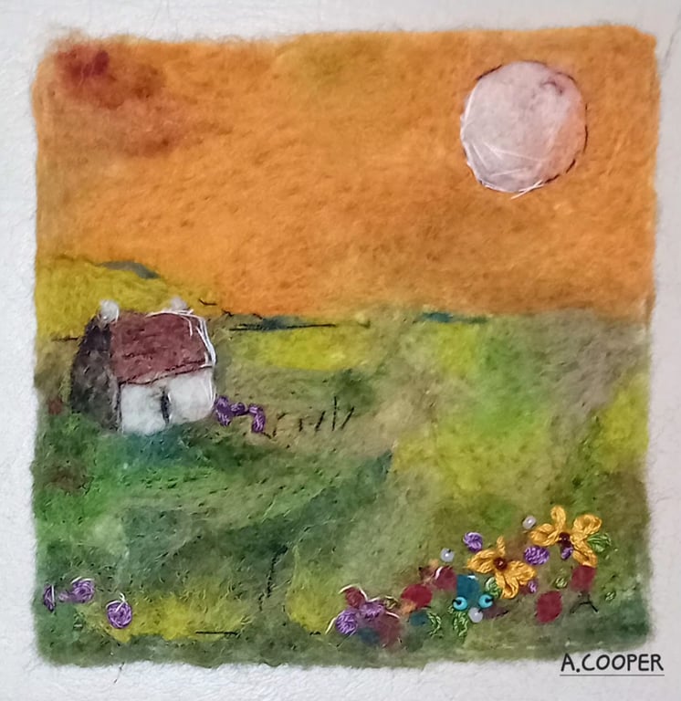 ,WOLF MOON ON HILL TOP FARM, handmade, original, needle felted wool picture 