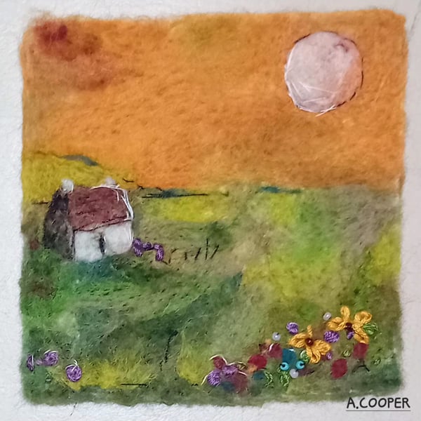 ,WOLF MOON ON HILL TOP FARM, handmade, original, needle felted wool picture 