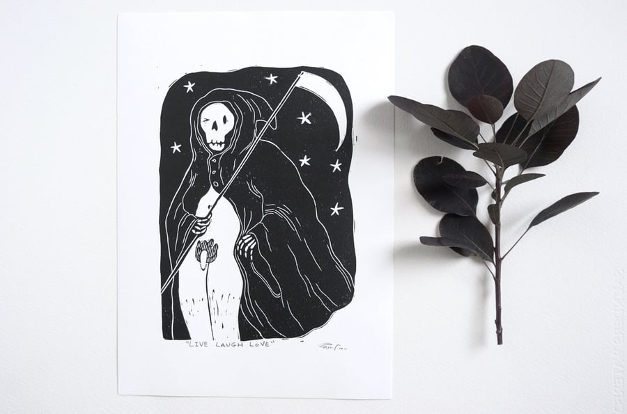 NEW Halloween LIVE LAUGH LOVE grim reaper linocut print art