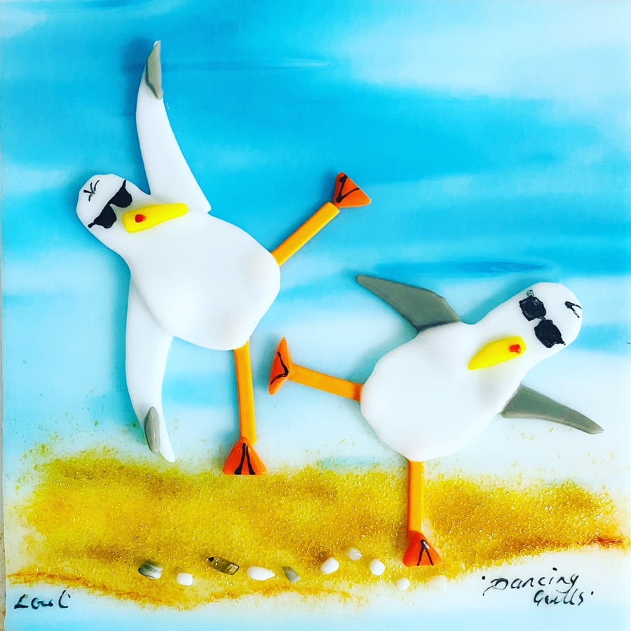 Fused glass picture, dancing seagulls
