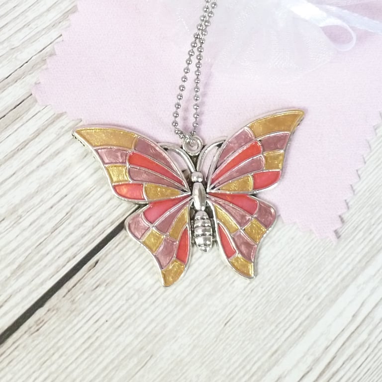 Gold and rose gold butterfly pendant, handpainted butterfly necklace for women
