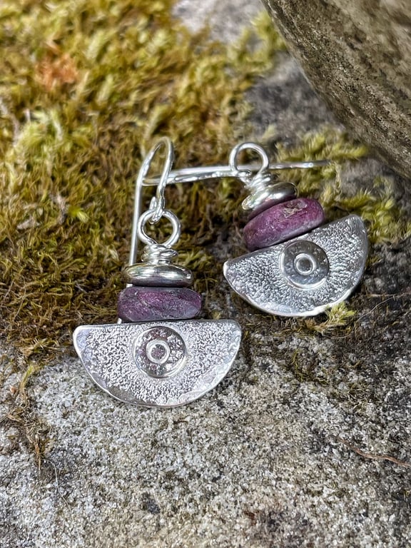 silver and unpolished ruby earrings Ulu tribal blade