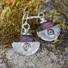 silver and unpolished ruby earrings Ulu tribal blade