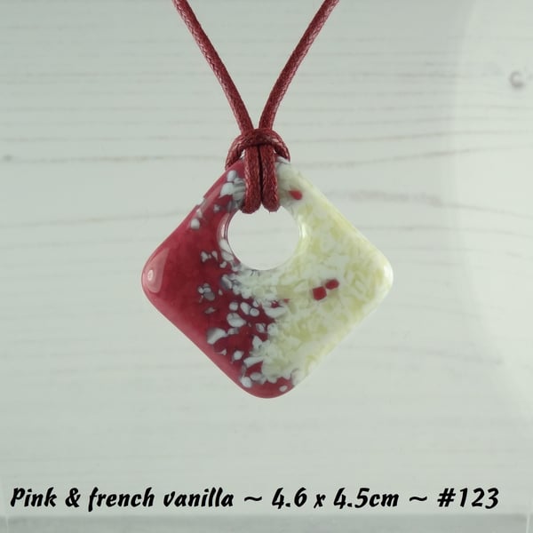 Fused glass pendant on a waxed cord, rhombus diamond shaped, 5 colours 