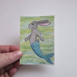 Merbunny ACEO Miniature Painting Watercolour Mermaid and Bunny Underwater 