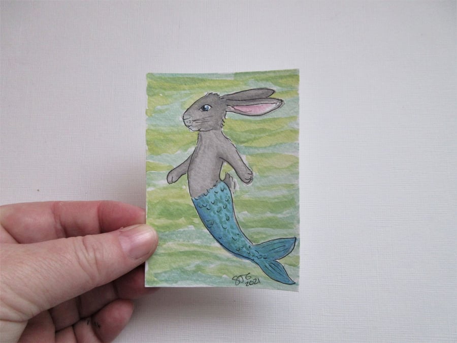 Merbunny ACEO Miniature Painting Watercolour Mermaid and Bunny Underwater 