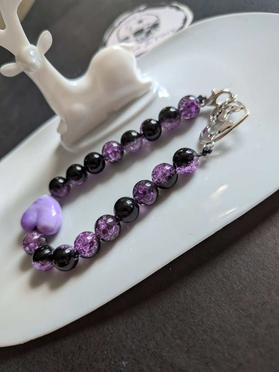 Purple&black beaded bracelet with heart 