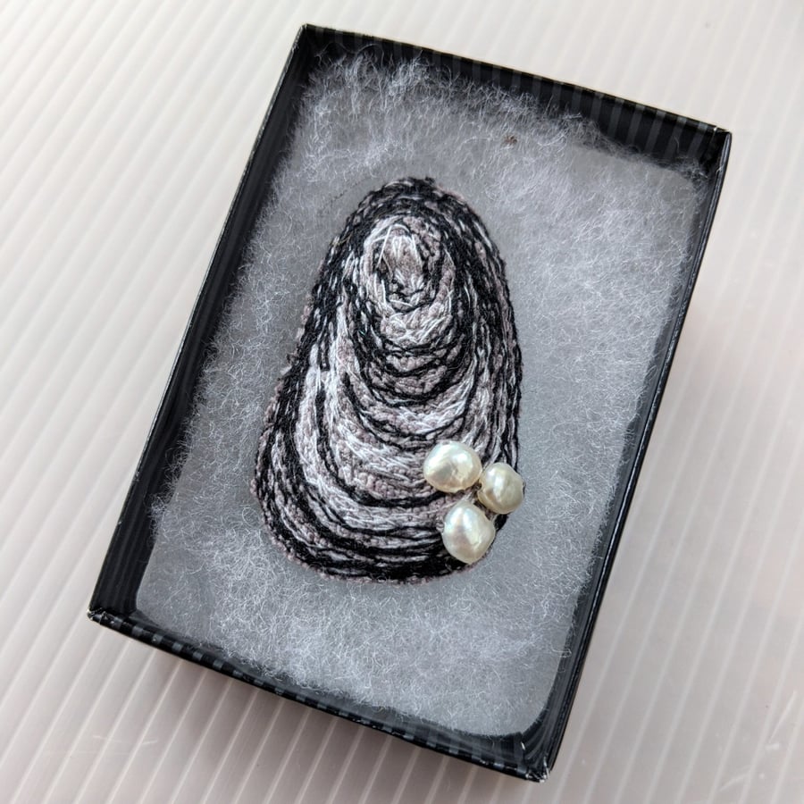 Embroidered Shell Brooch with pearl detail in gift box