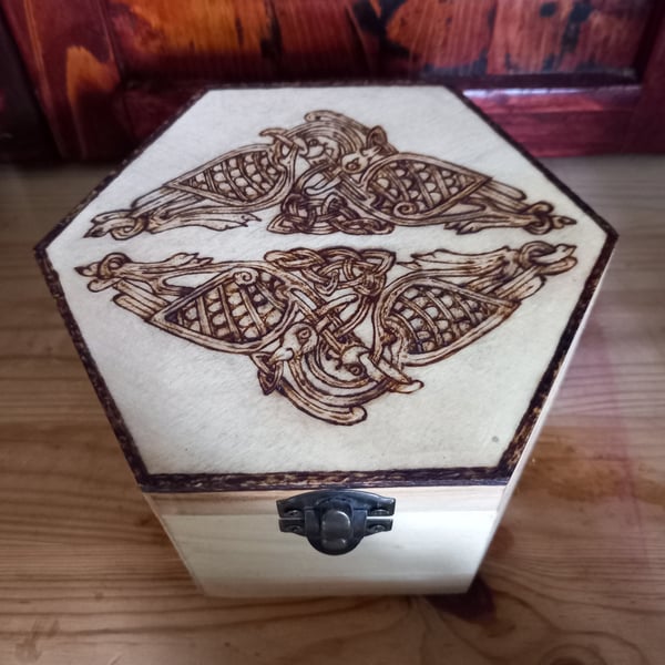 Celtic bird artwork pyrography wooden box