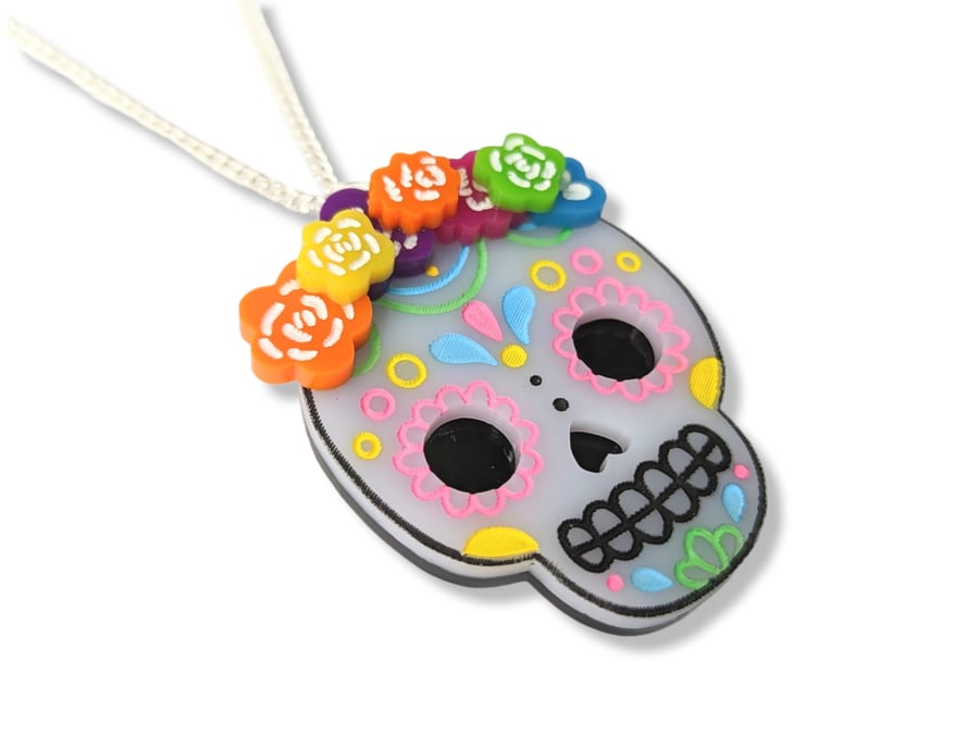 Halloween Catrina skull necklace acrylic Dia de los muertos pendant skull