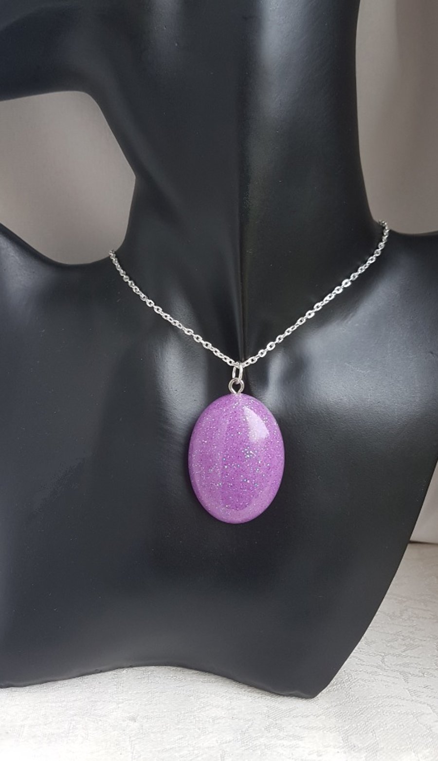 Gorgeous Glittery Lilac Oval Resin Pendant on Chain - Silver Tones