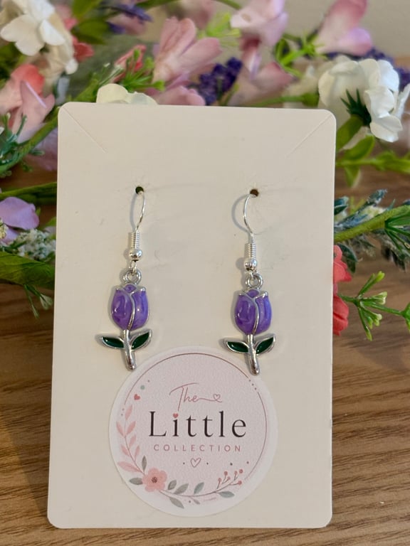 Purple Tulip Dangle Earrings, Enamel Floral Charms, Handmade Jewellery