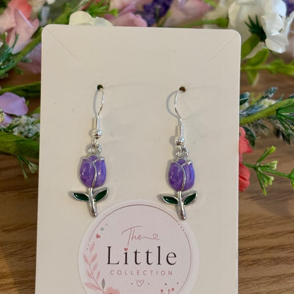 Purple Tulip Dangle Earrings, Enamel Floral Charms, Handmade Jewellery