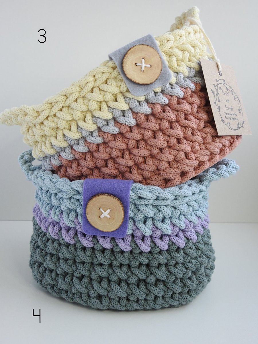 Crochet Basket. Large Crochet Tricolour Handled Storage Basket