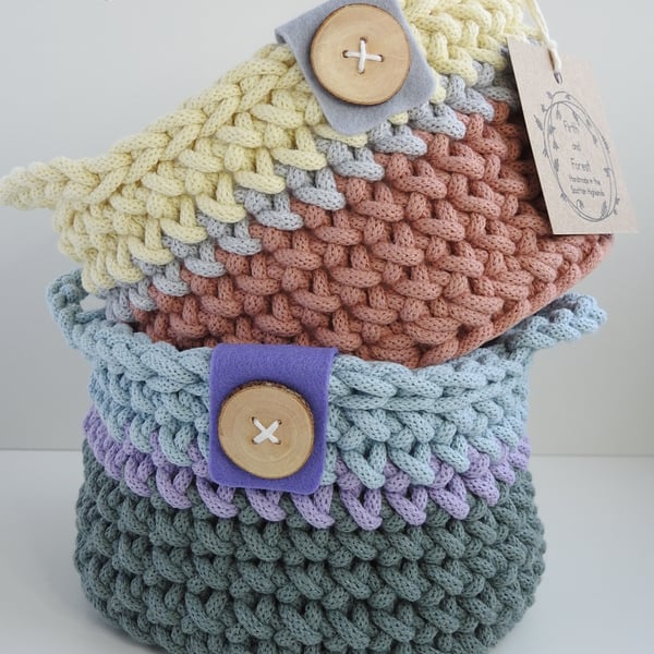 Crochet Basket. Large Crochet Tricolour Handled Storage Basket