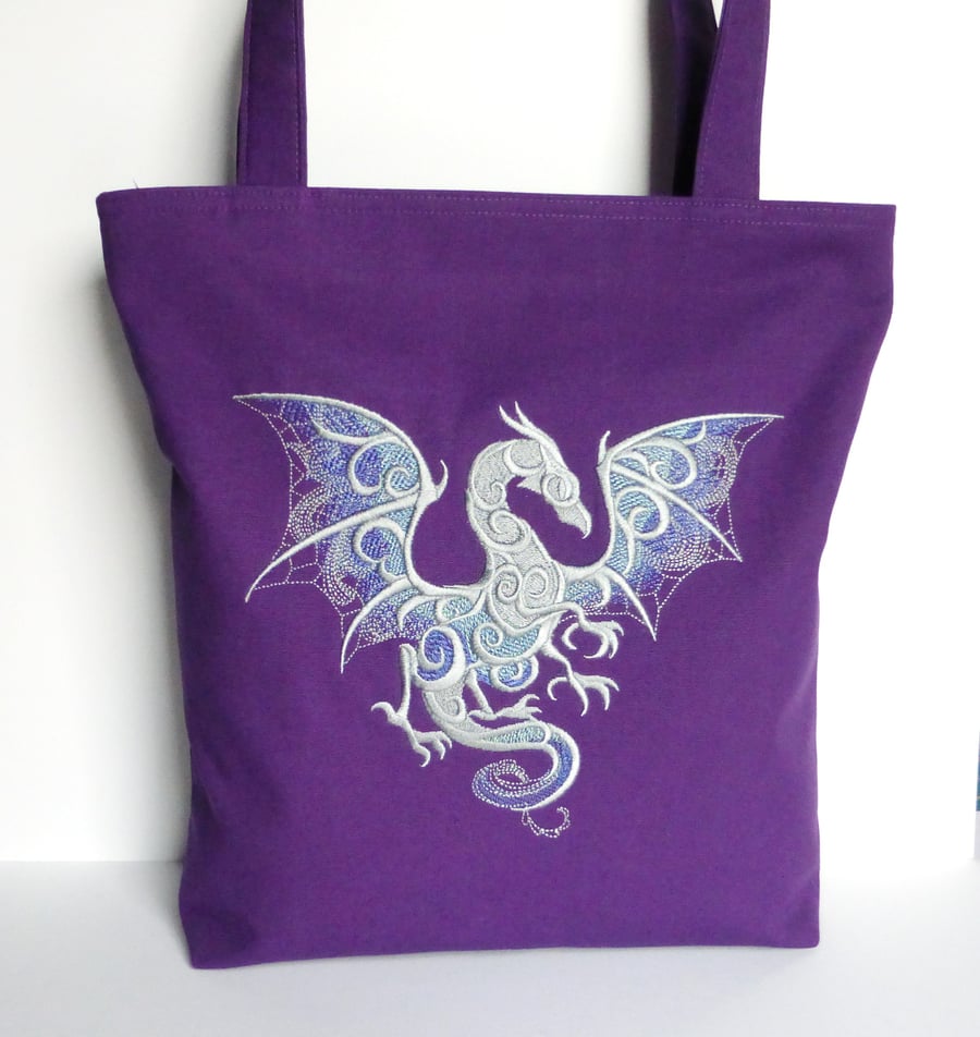 Purple Tote Bag, dragon, embroidered.
