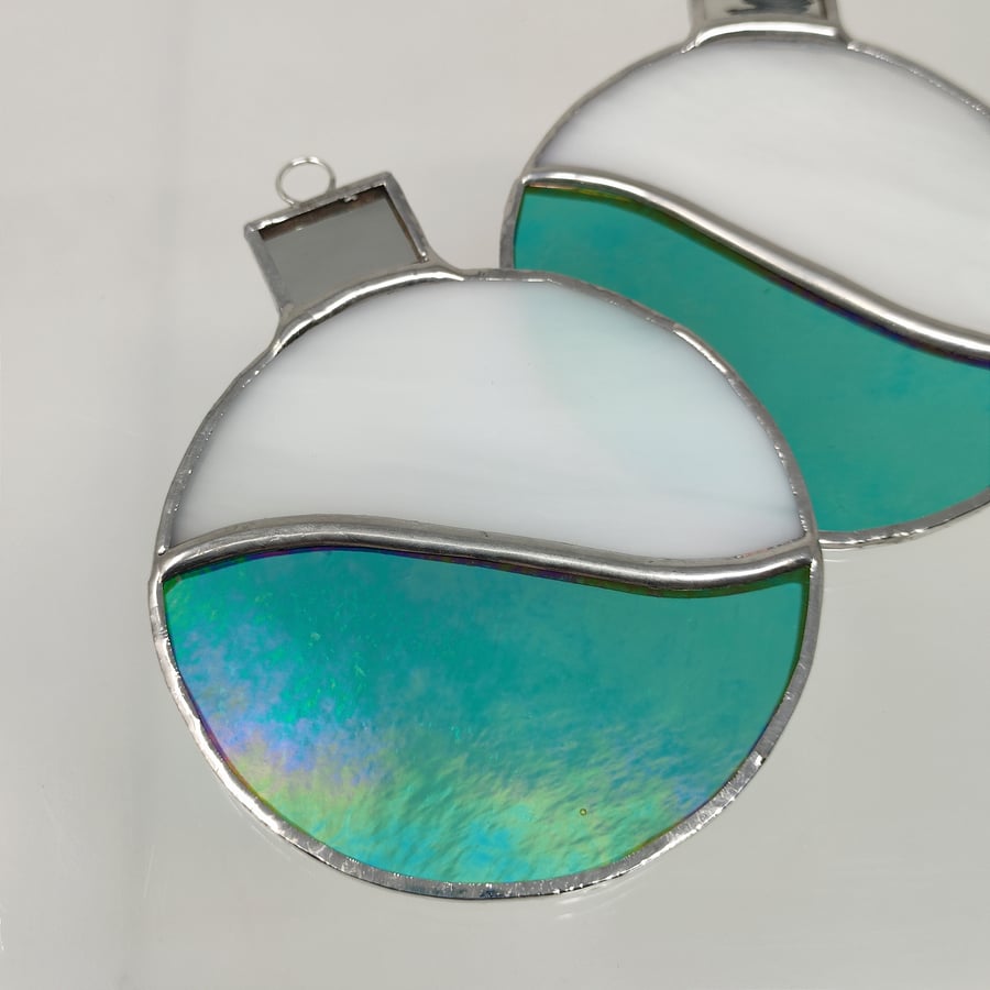 Stained glass Christmas baubles round turquoise and white copperfoil suncatcher