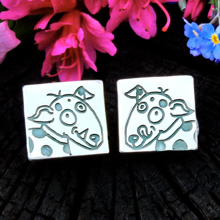 Handmade dog ear studs, artist designed sterling silver jewellery. 'Tippy & Rex'