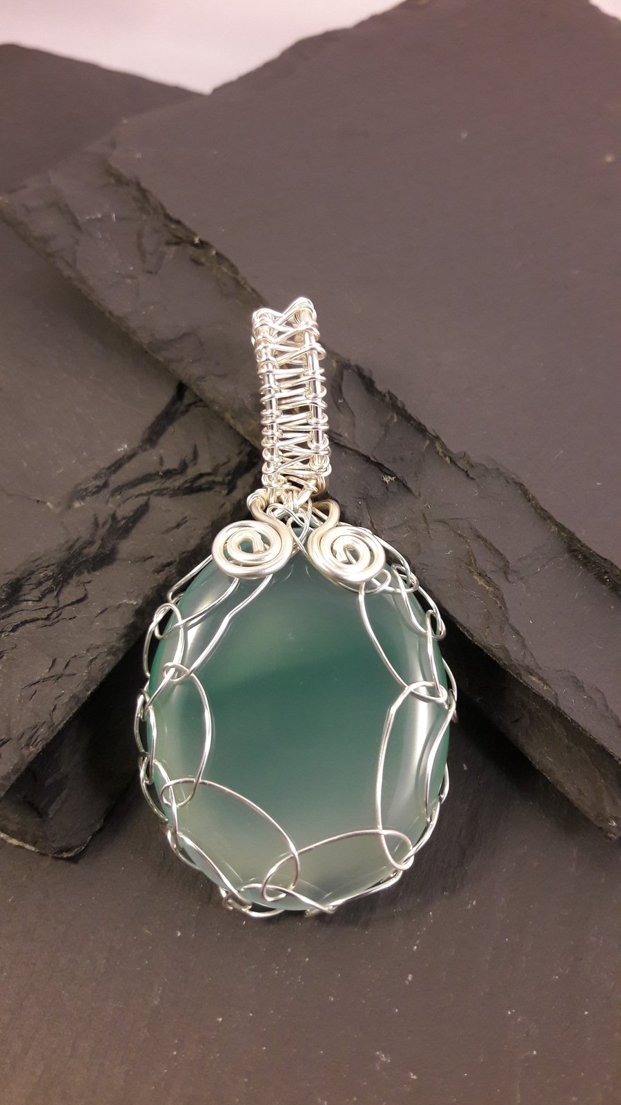 Green Onyx Netted in Silver Plated Wire Pendant