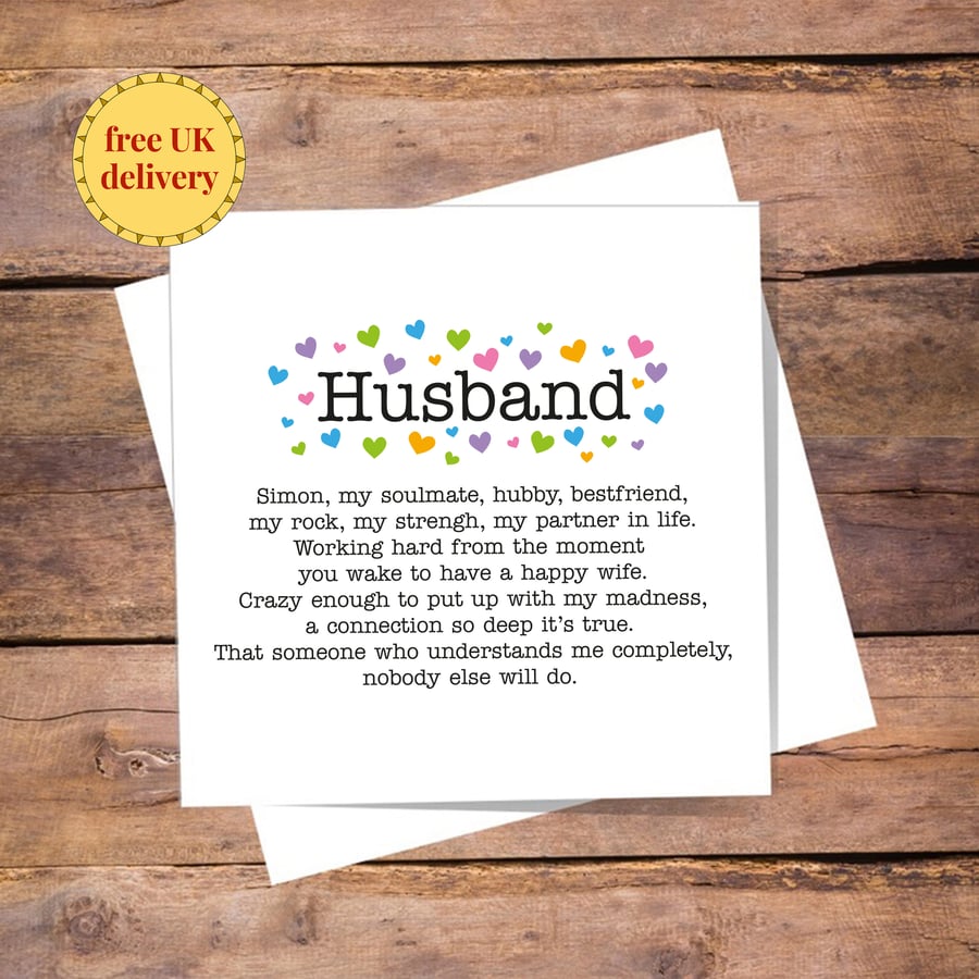 Husband Personalised Card - anniversary, valentines, birthday, love you