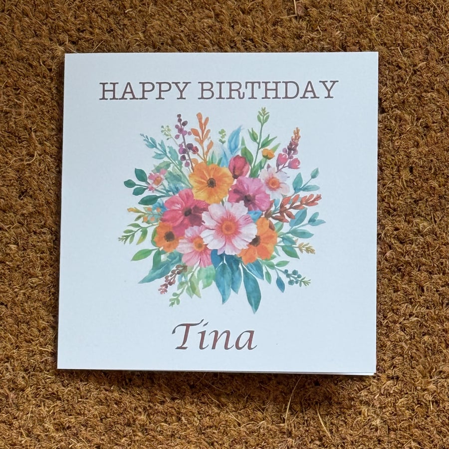 Floral Birthday Card Watercolour Bouquet, Personalised Foiled Message (6x6 Inch)