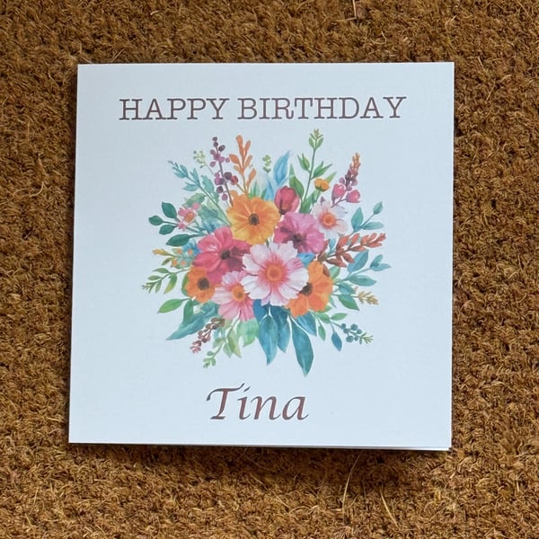 Floral Birthday Card Watercolour Bouquet, Personalised Foiled Message (6x6 Inch)