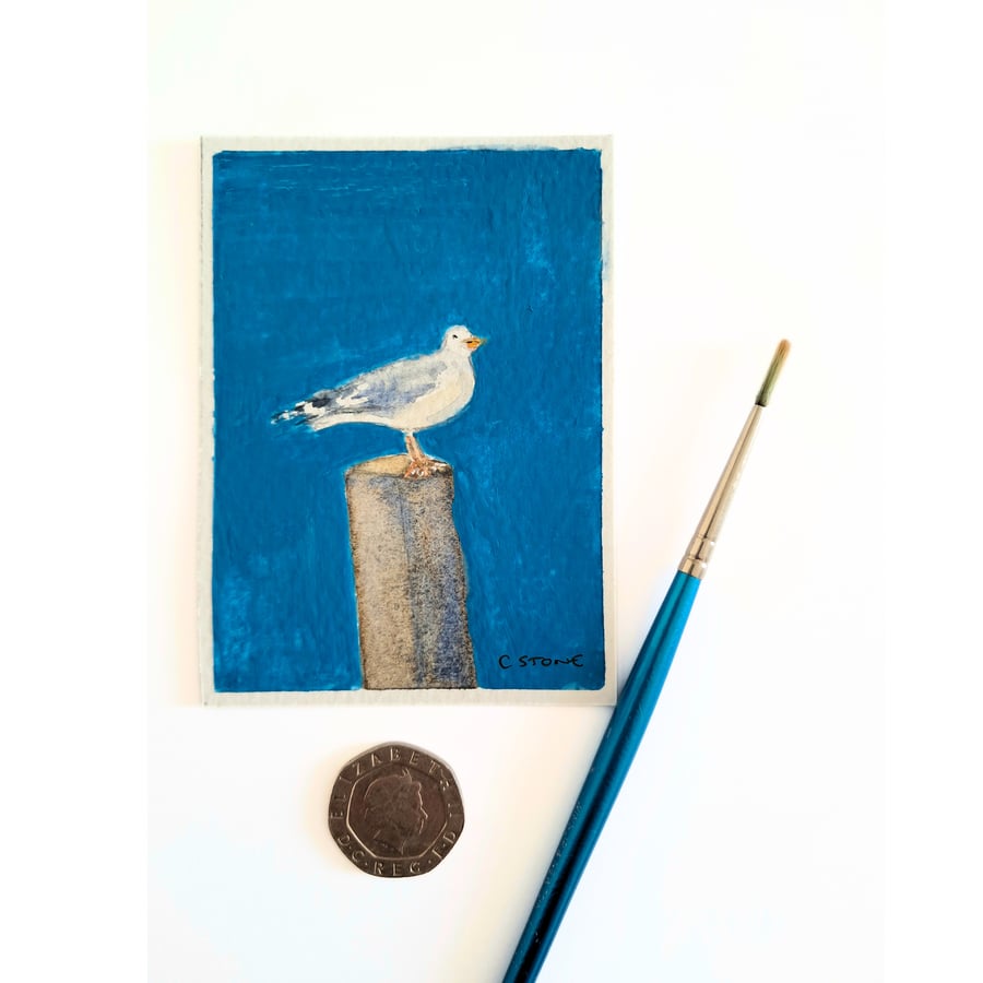 Original ACEO Miniature Seagull Painting , Watercolour and Gouache